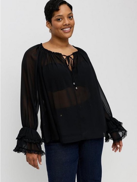 torrid Tops - torrid Black Sheer Ruffle Cuff Peasant Blouse